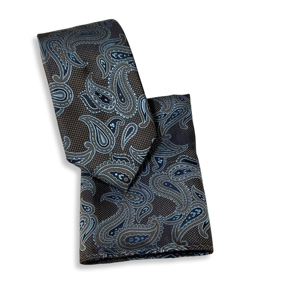 Dockers Tie & Handkerchief Mens Set of 2‎ Preppy Paisley Blue Brown Party Formal